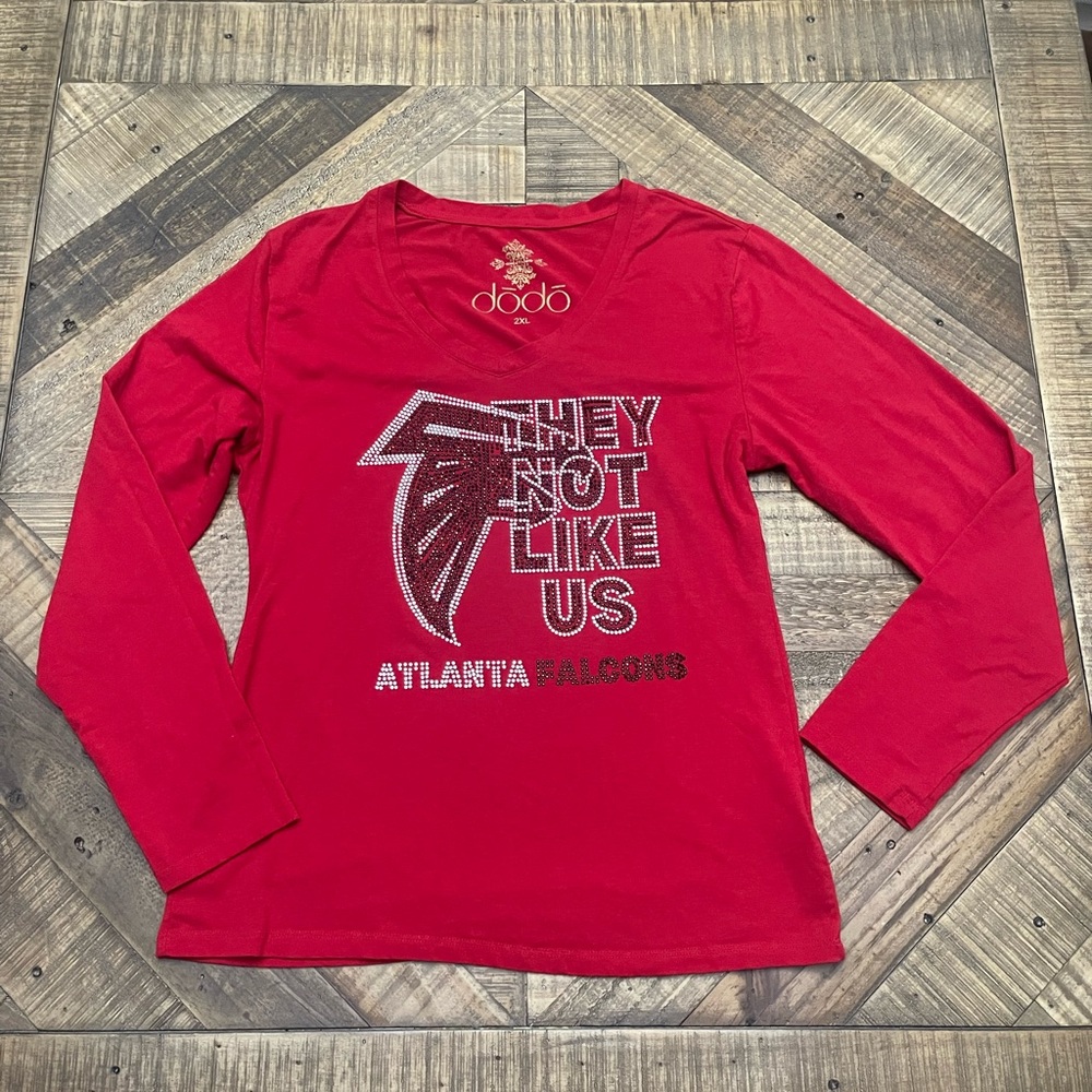 Atlanta Falcons They Not Like Us long-sleeve V-neck red shirt with rhinestones